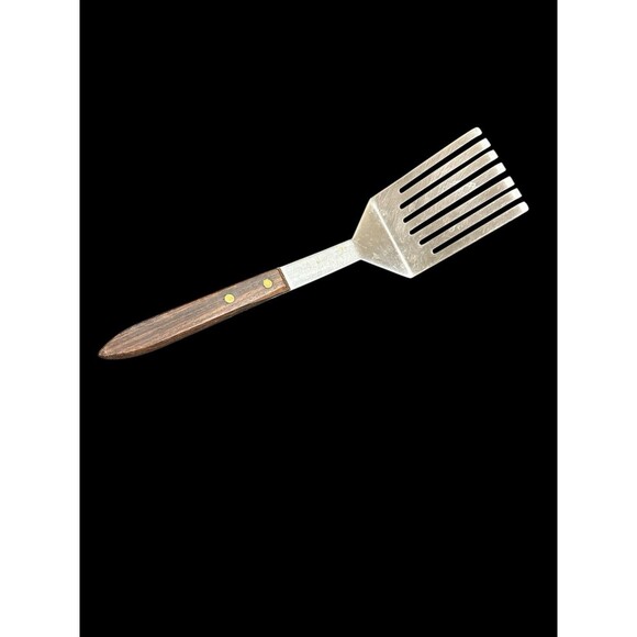 Vintage Slotted Serving Fork Spatula Wooden Handle Stainless 10" Japan *RARE* - Picture 2 of 7